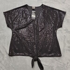 VTG Prelude Shirt Womens M Black 3861146K Sequin V-Neck Tie Front Made In USA